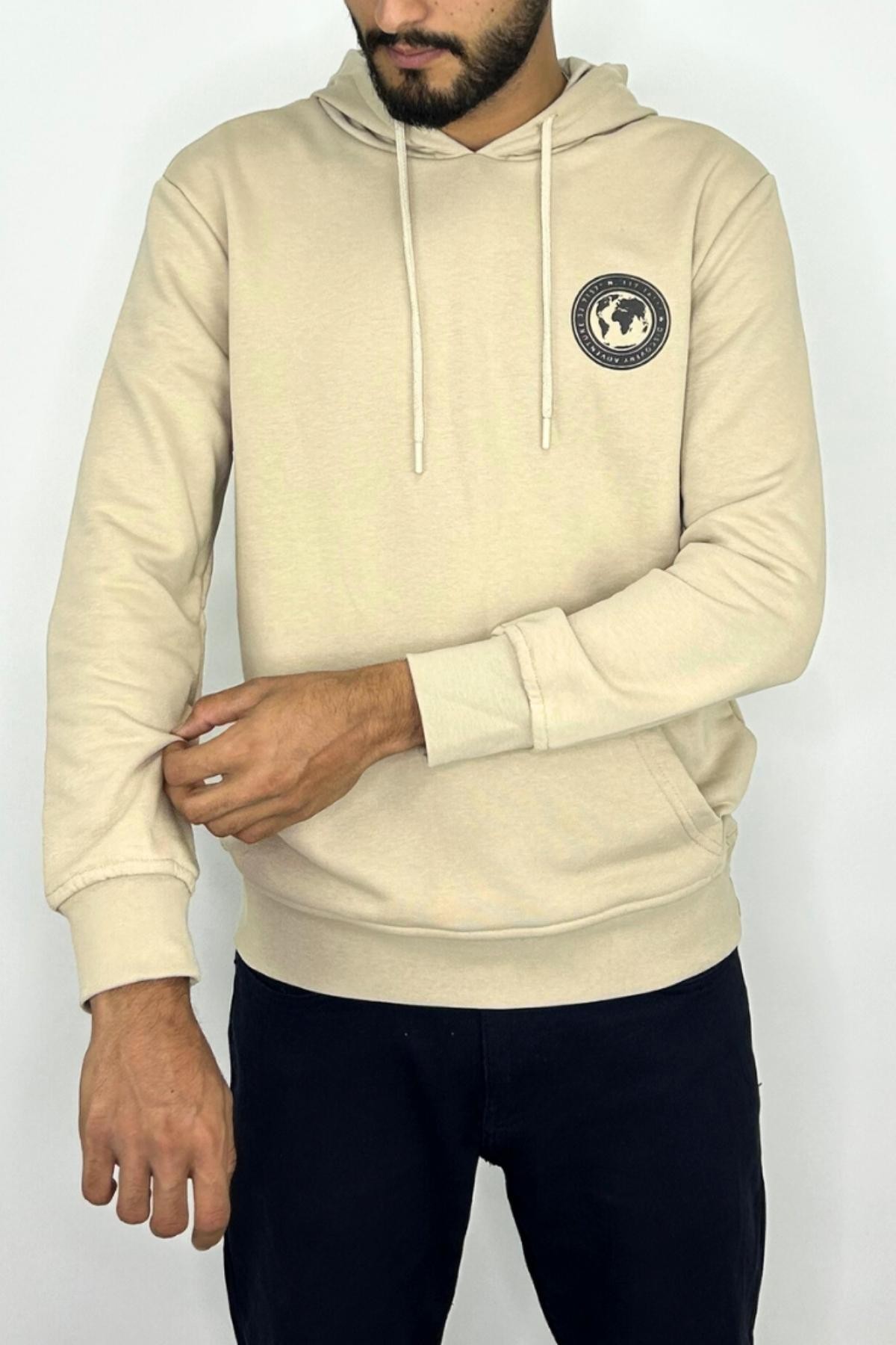 Grey-Cream Hooded Printed Men's 2-piece Sweatshirt