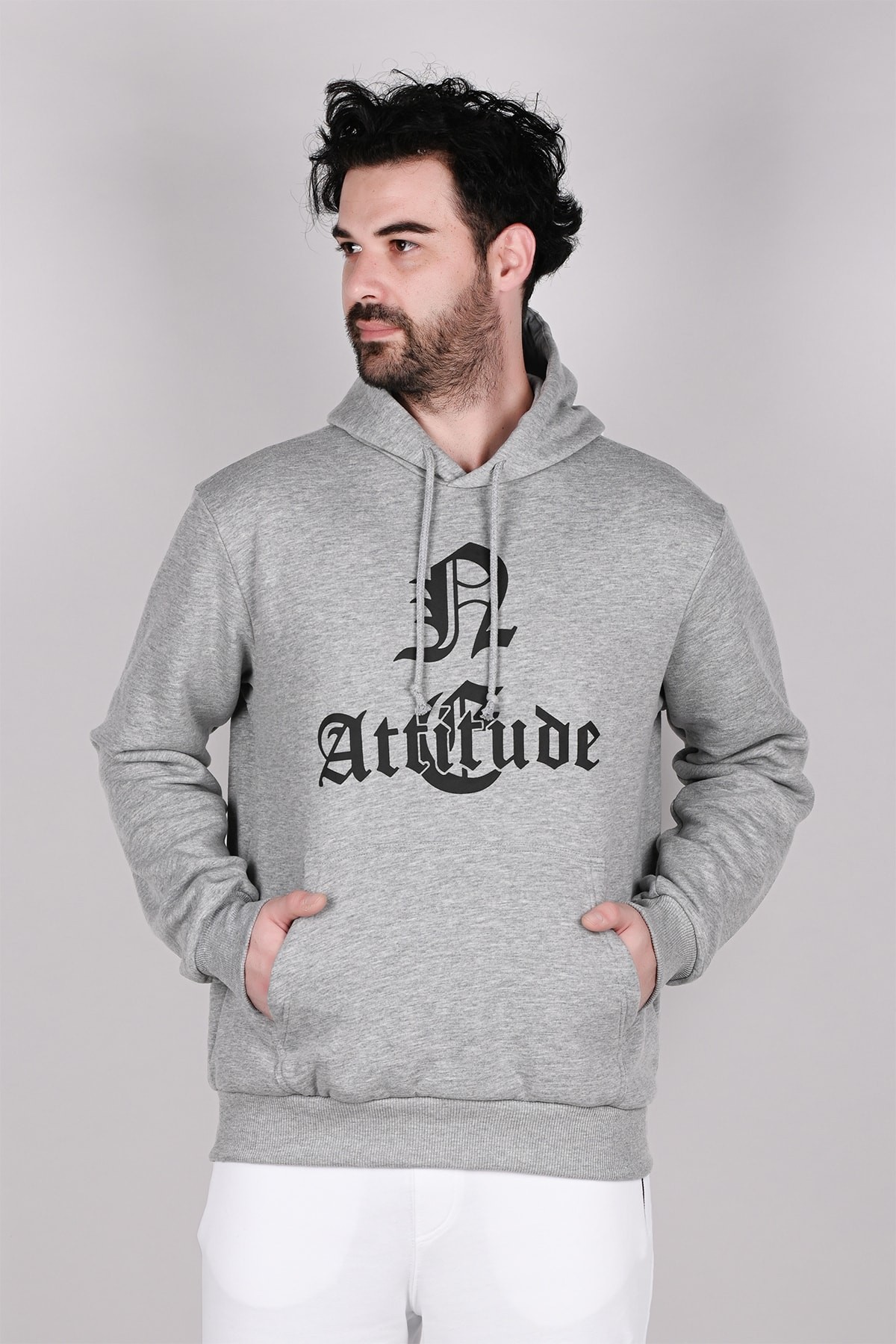 Gri Kapüşonlu Baskılı Erkek Sweatshirt