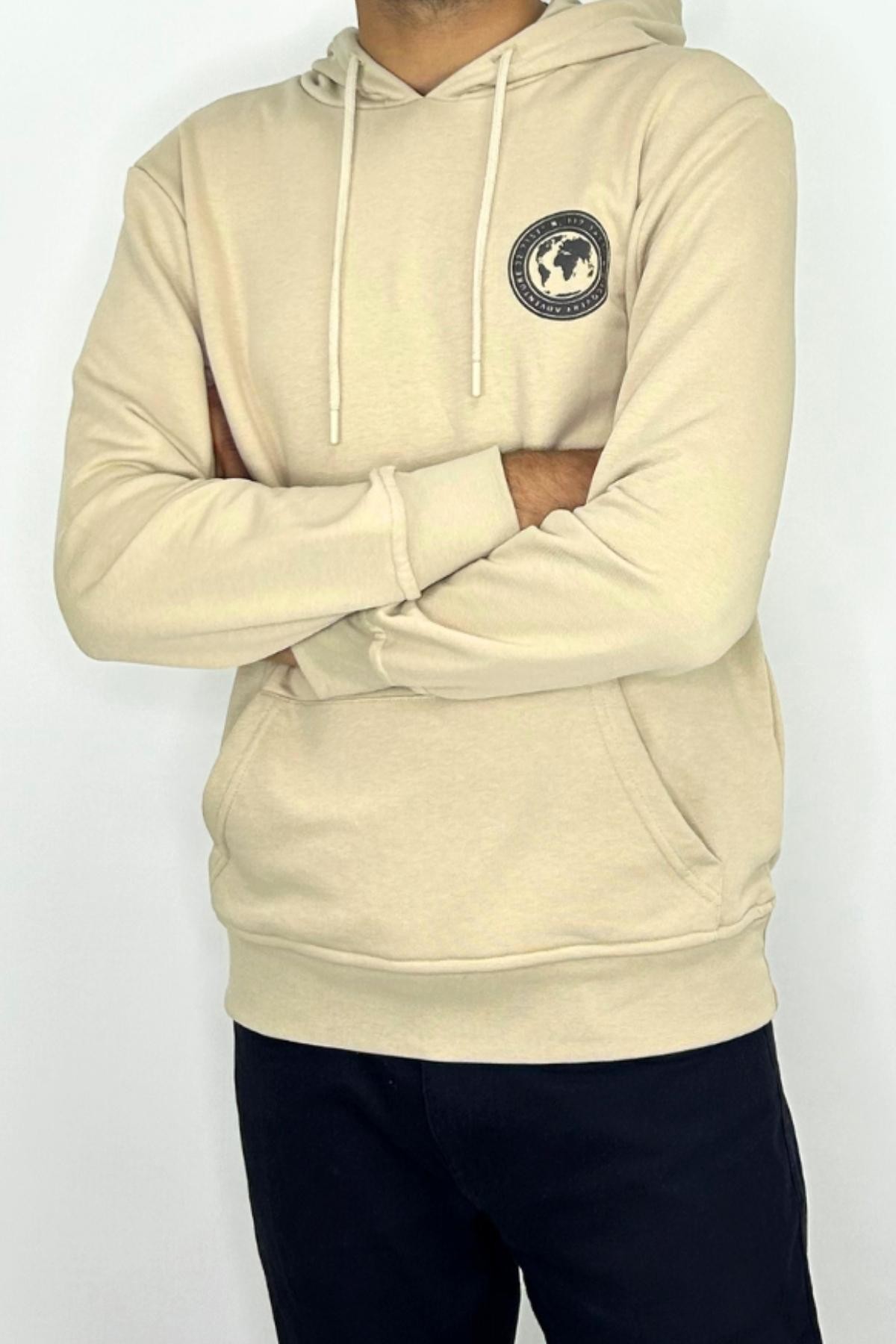 Grey-Cream Hooded Printed Men's 2-piece Sweatshirt