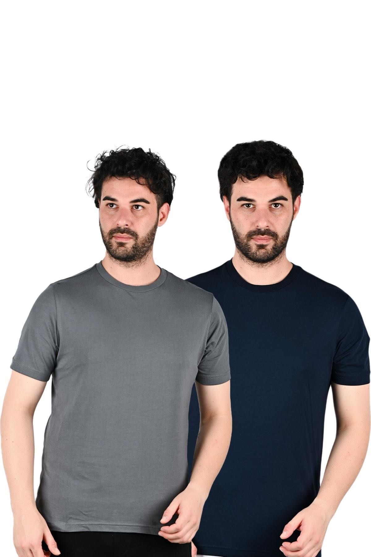 Antrasit - Lacivert %100 Pamuk Düz Renk Regular Fit 2'li Erkek T-shirt