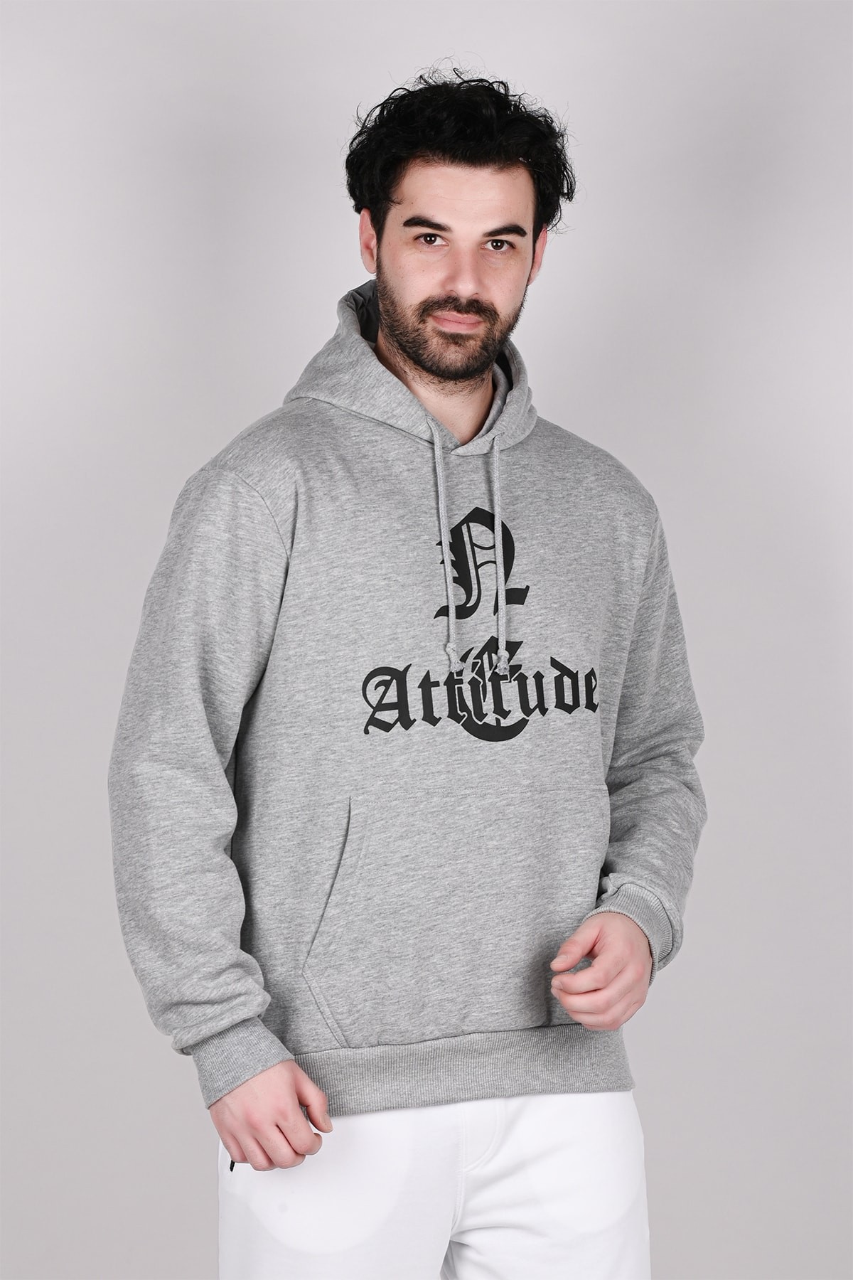 Gri Kapüşonlu Baskılı Erkek Sweatshirt