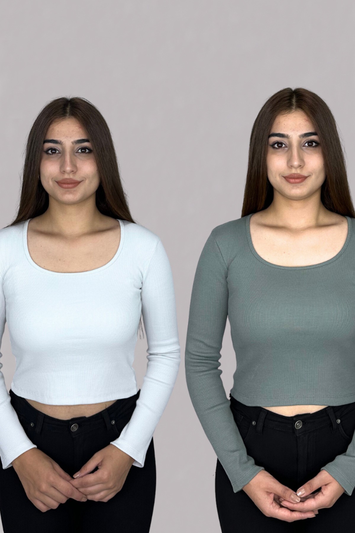 Haki-Taş Kare Yaka Uzun Kol Fitilli Kaşkorse Body 2'li Set