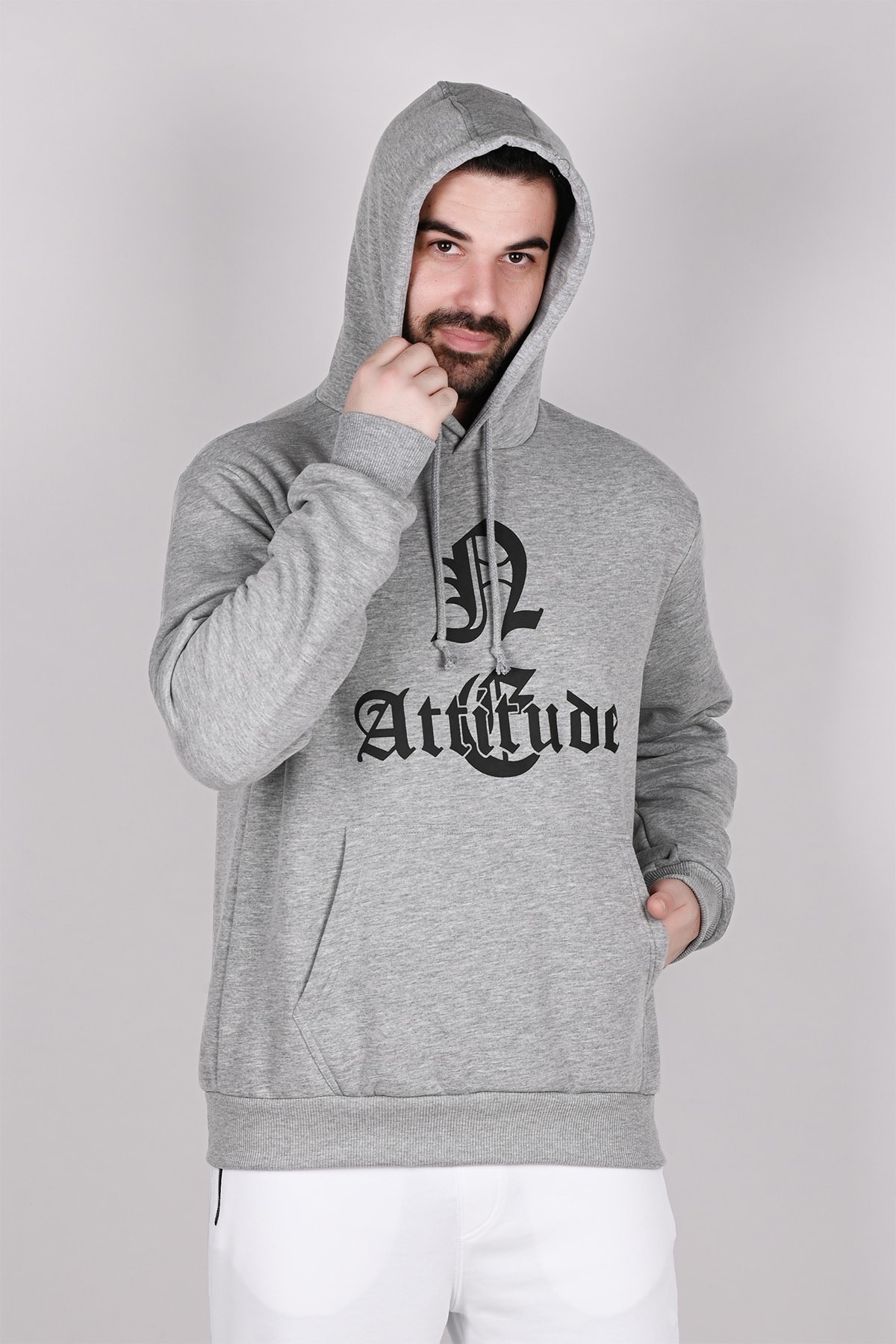 Gri Kapüşonlu Baskılı Erkek Sweatshirt