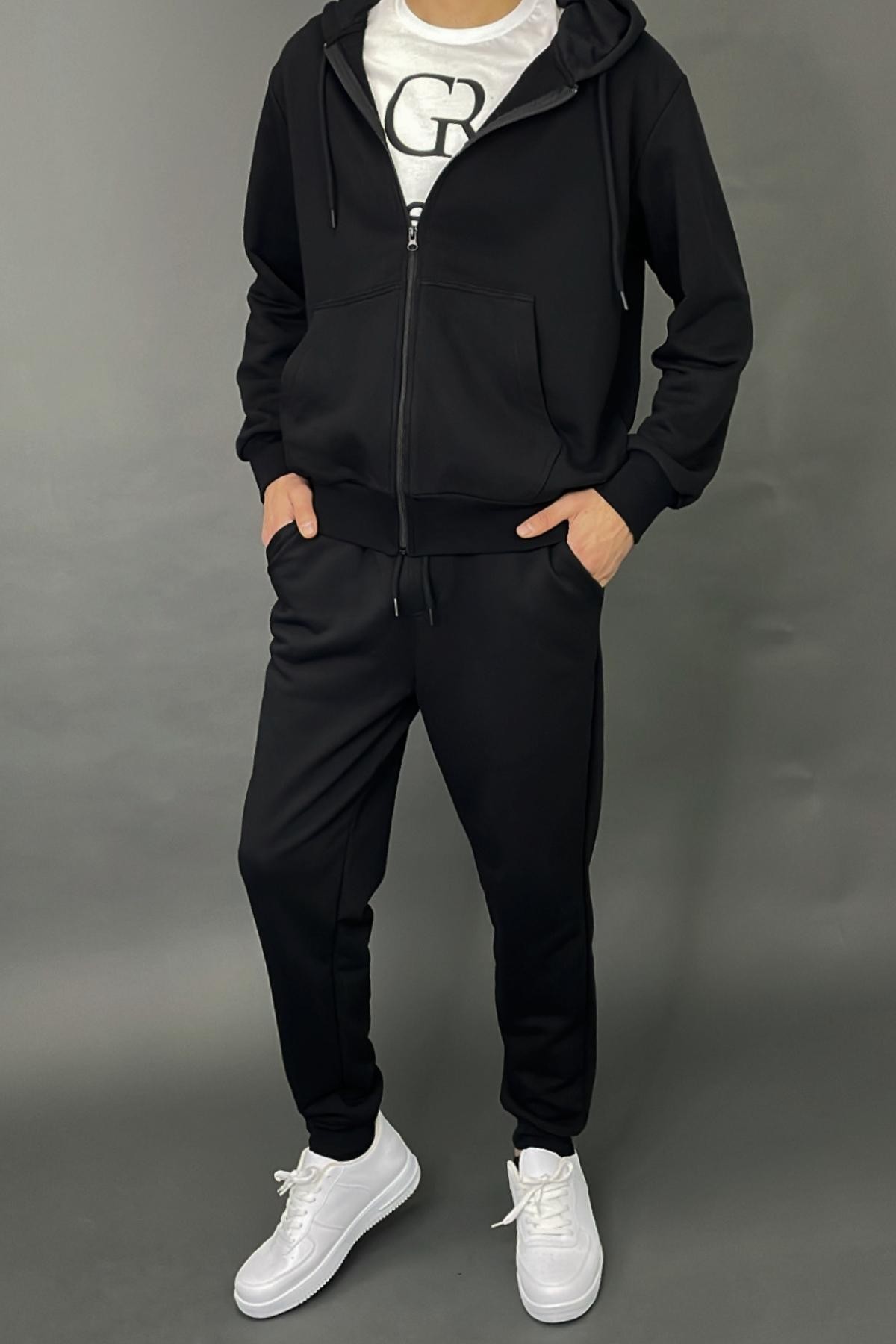 Black Casual Pattern Basic Men's Tracksuit