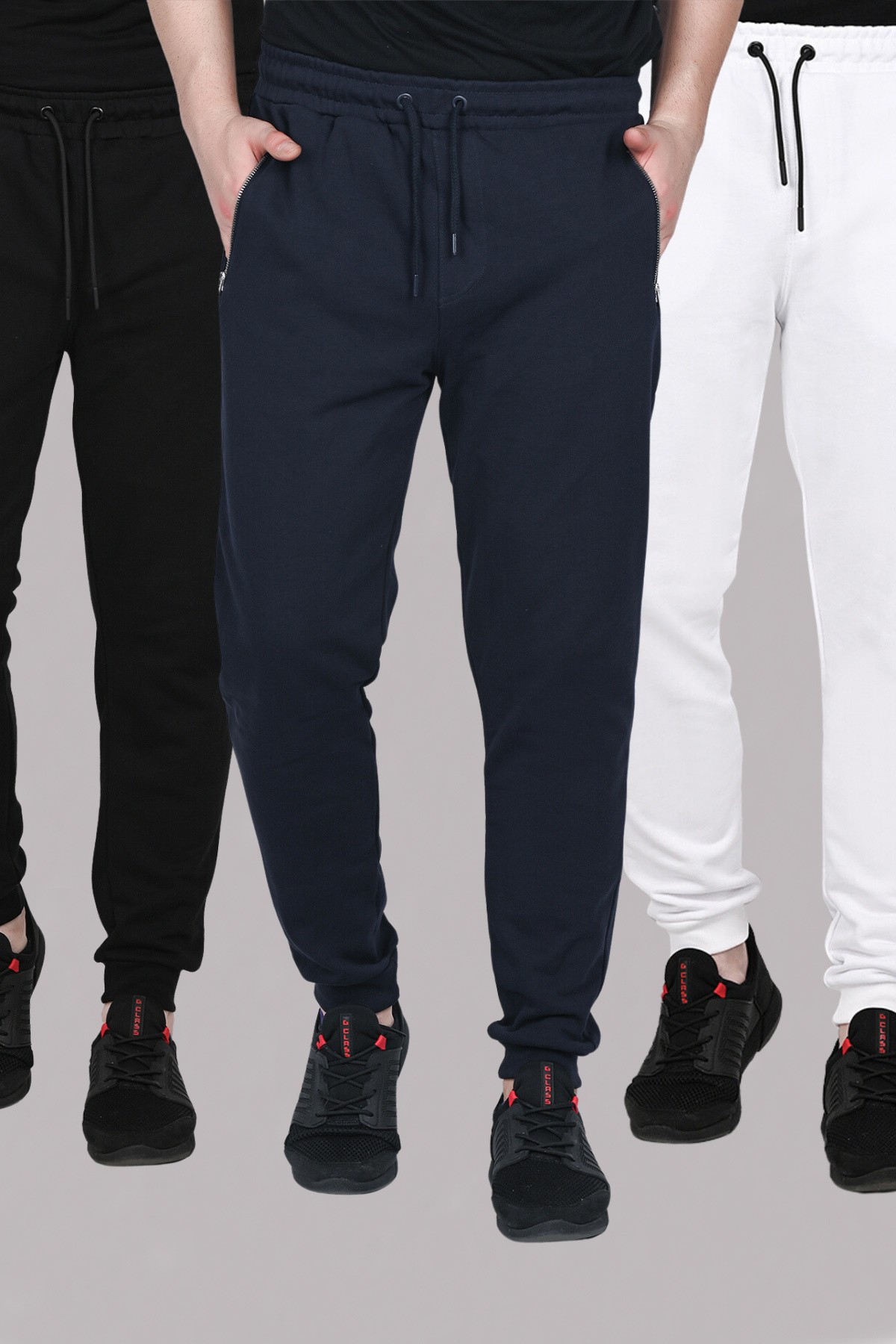 Black-Navy-White 3-piece Men's Tracksuit Bottoms With Zipper Pockets