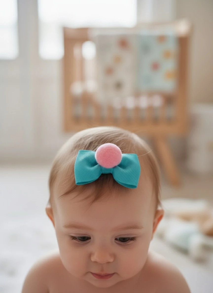 Pembe Ponpon Mavi Fiyonk Az Saçlı Bebek Tokası