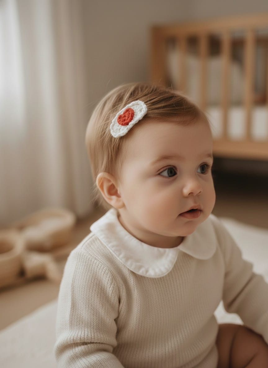 El Örgüsü Kalp Figürlü Az Saçlı Bebek tokası