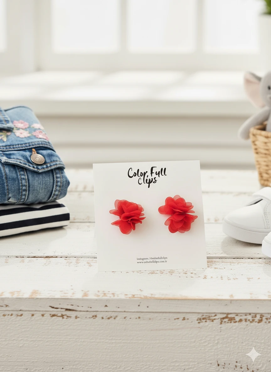 2'li Tül Çiçek 3.5 cm Klips Toka  Renk Seçenekleri ile