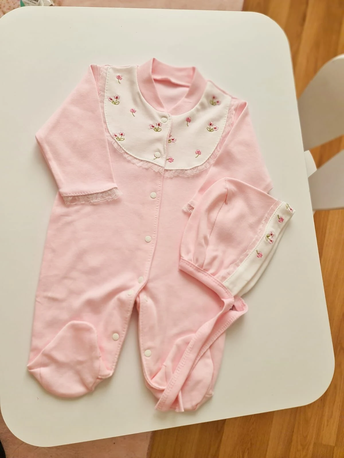 Pamuklu Pembe Kız Bebek Tulum Şapka Takım