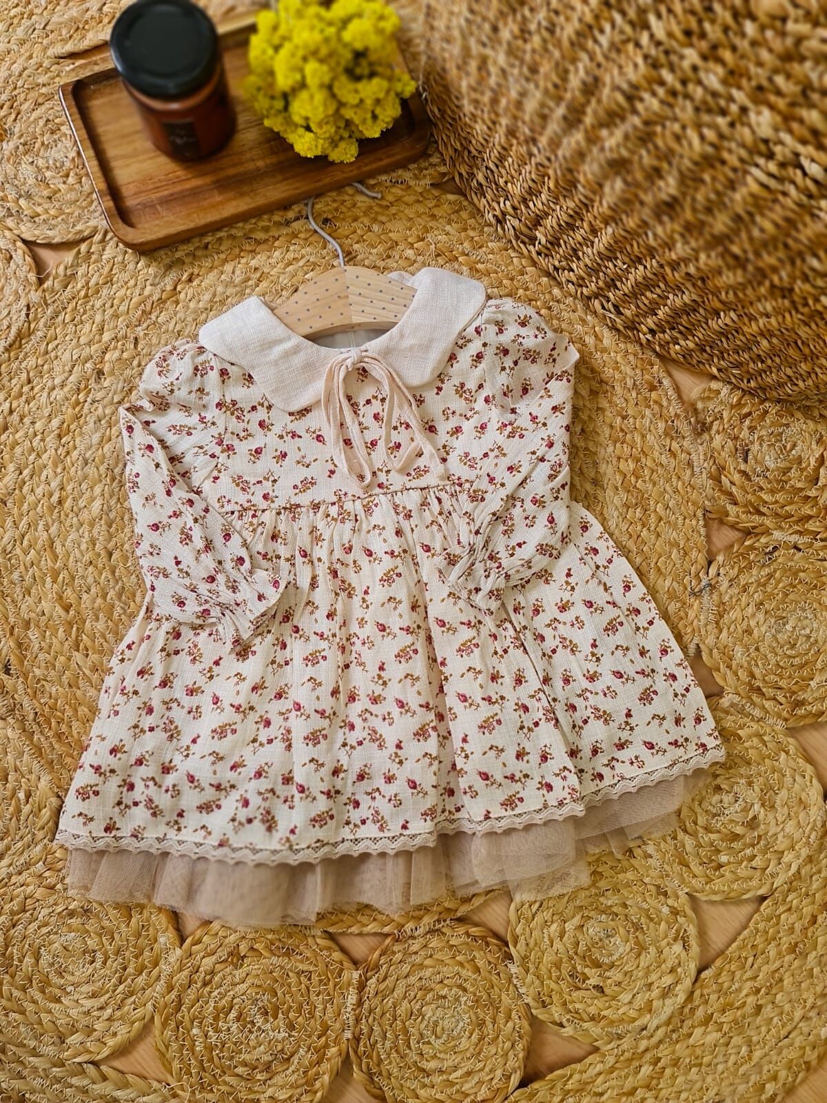 Çıtır Çiçek Desenli Astarlı Bebe Yakalı Kız Bebek Elbisesi