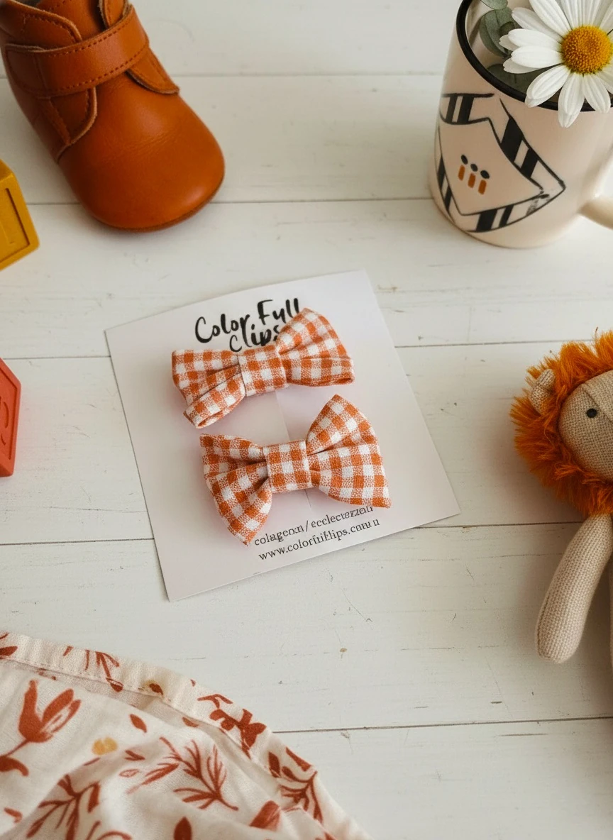 Turuncu Patikare Poplin Fiyonklu Klips Toka (2’li Set)