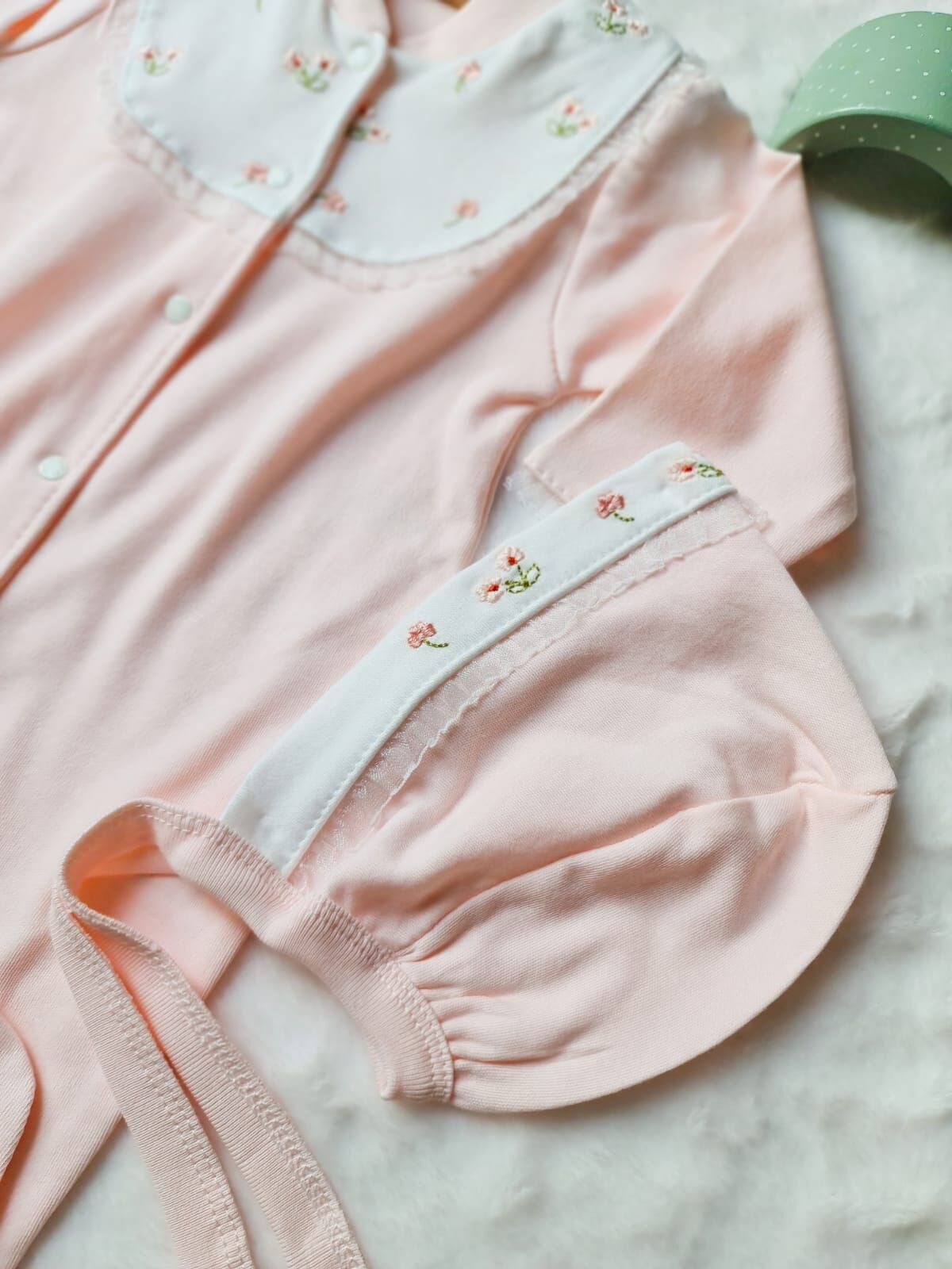 Pamuklu Somon Bebek Tulum Şapka Seti