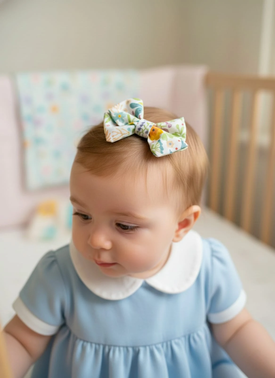 Renkli Çiçek Desenli Fiyonk Az Saçlı Bebek Tokası