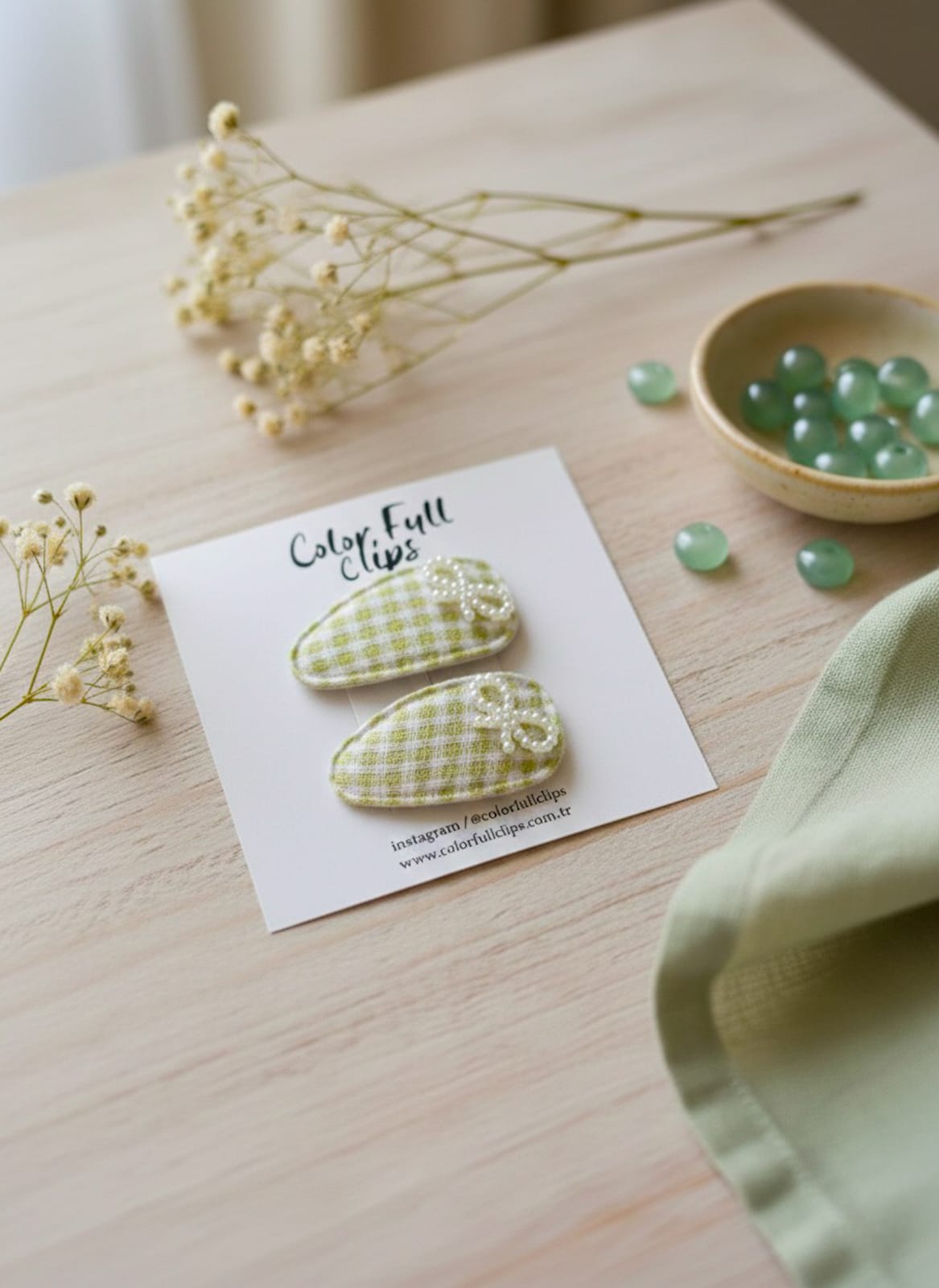 Pötikare 3.5 cm Yeşil Fiyonk Boncuklu Çıtçıt Toka İkili