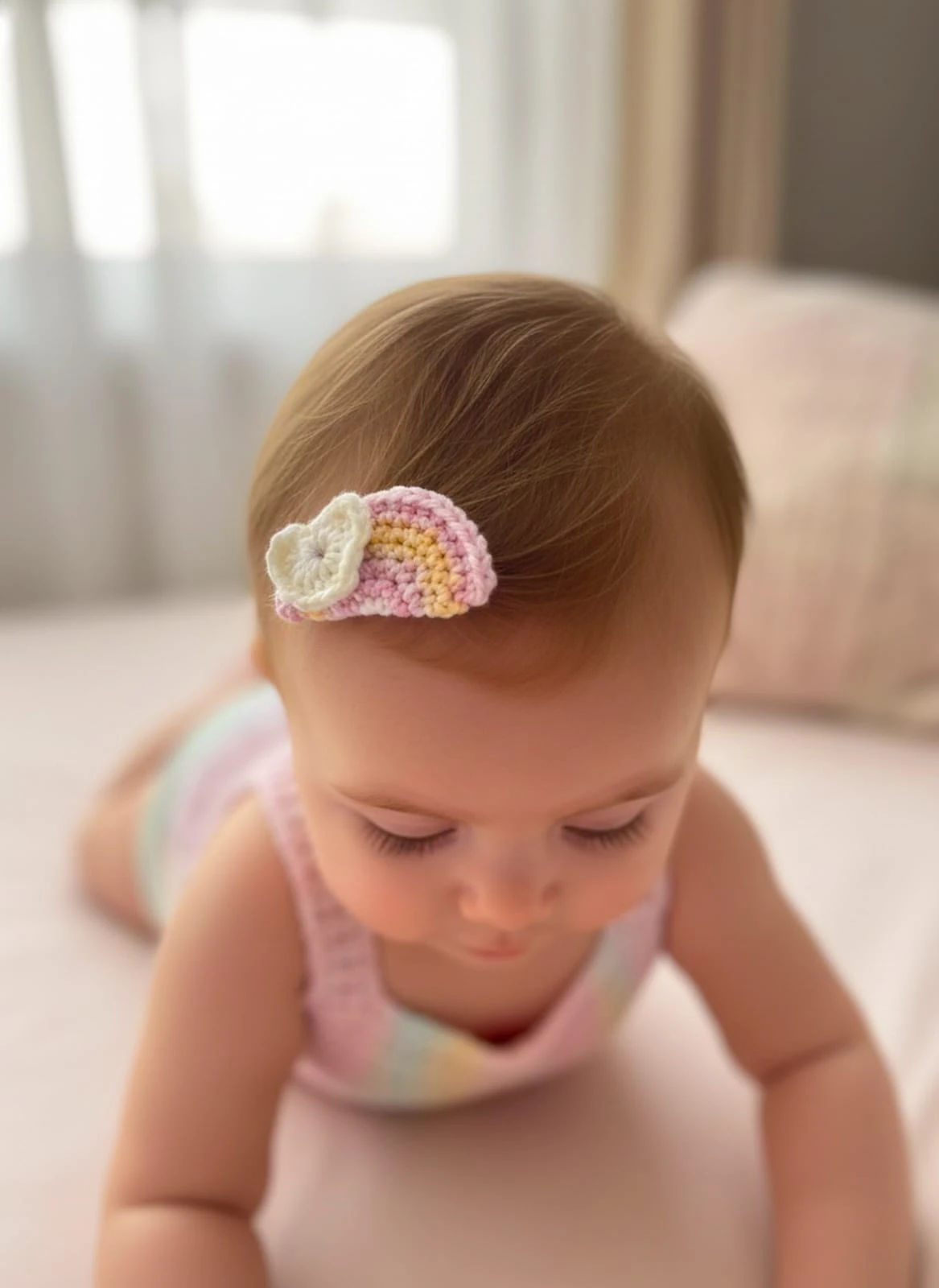 Pembe El Örgüsü Az Saçlı Bebek Tokası