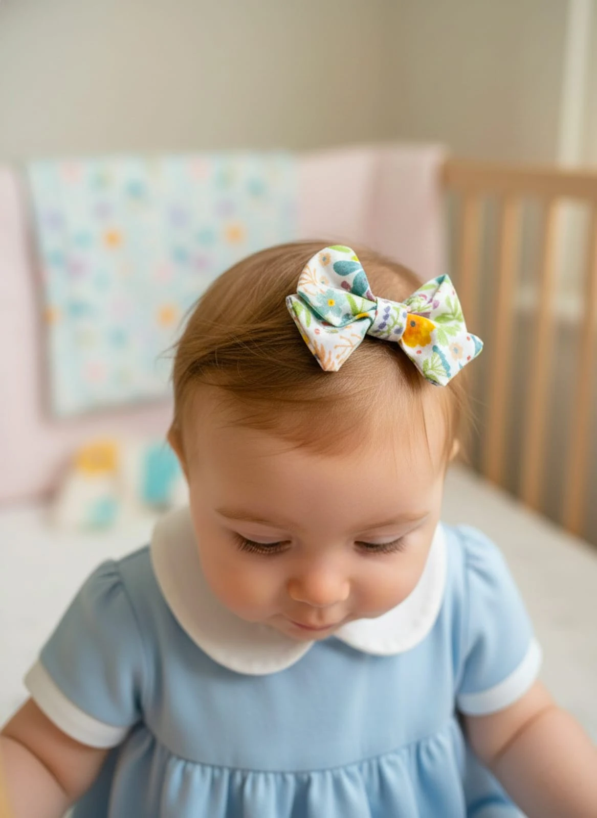 Renkli Çiçek Desenli Fiyonk Az Saçlı Bebek Tokası