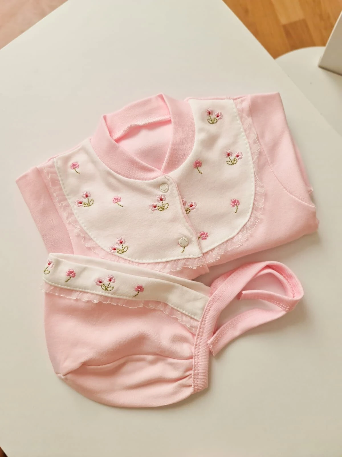 Pamuklu Pembe Kız Bebek Tulum Şapka Takım