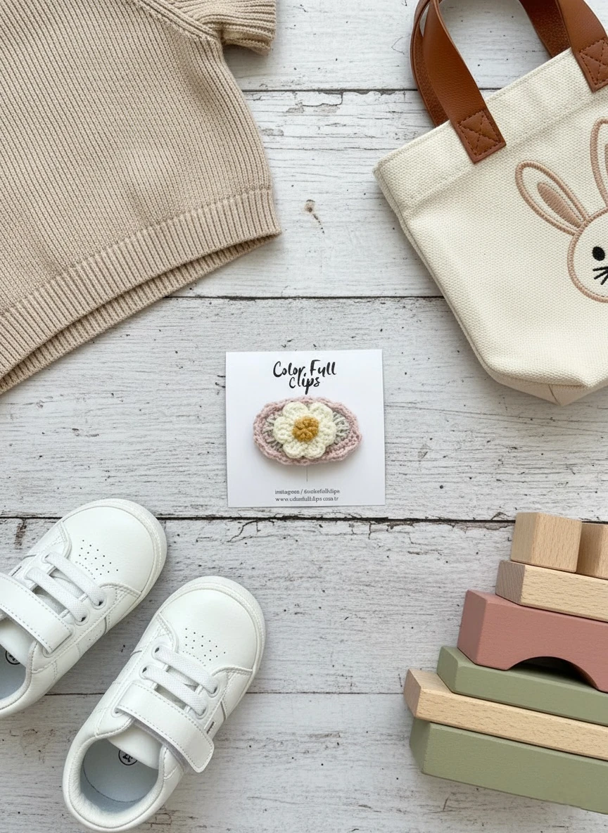 El Örgüsü Zemin Tomurcuklu Papatya Az Saçlı Bebek Tokası (1 Adet)