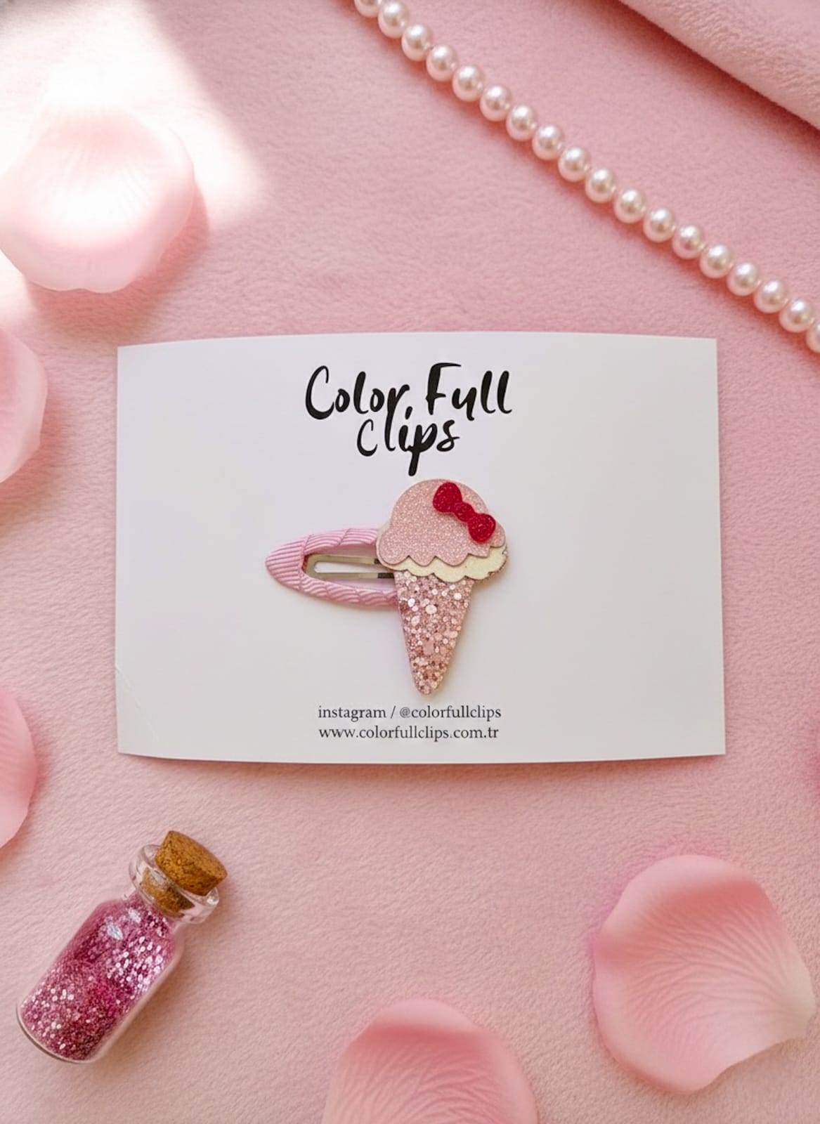 Glitter Fiyonklu Dondurma Çıtçıt Toka Tekli