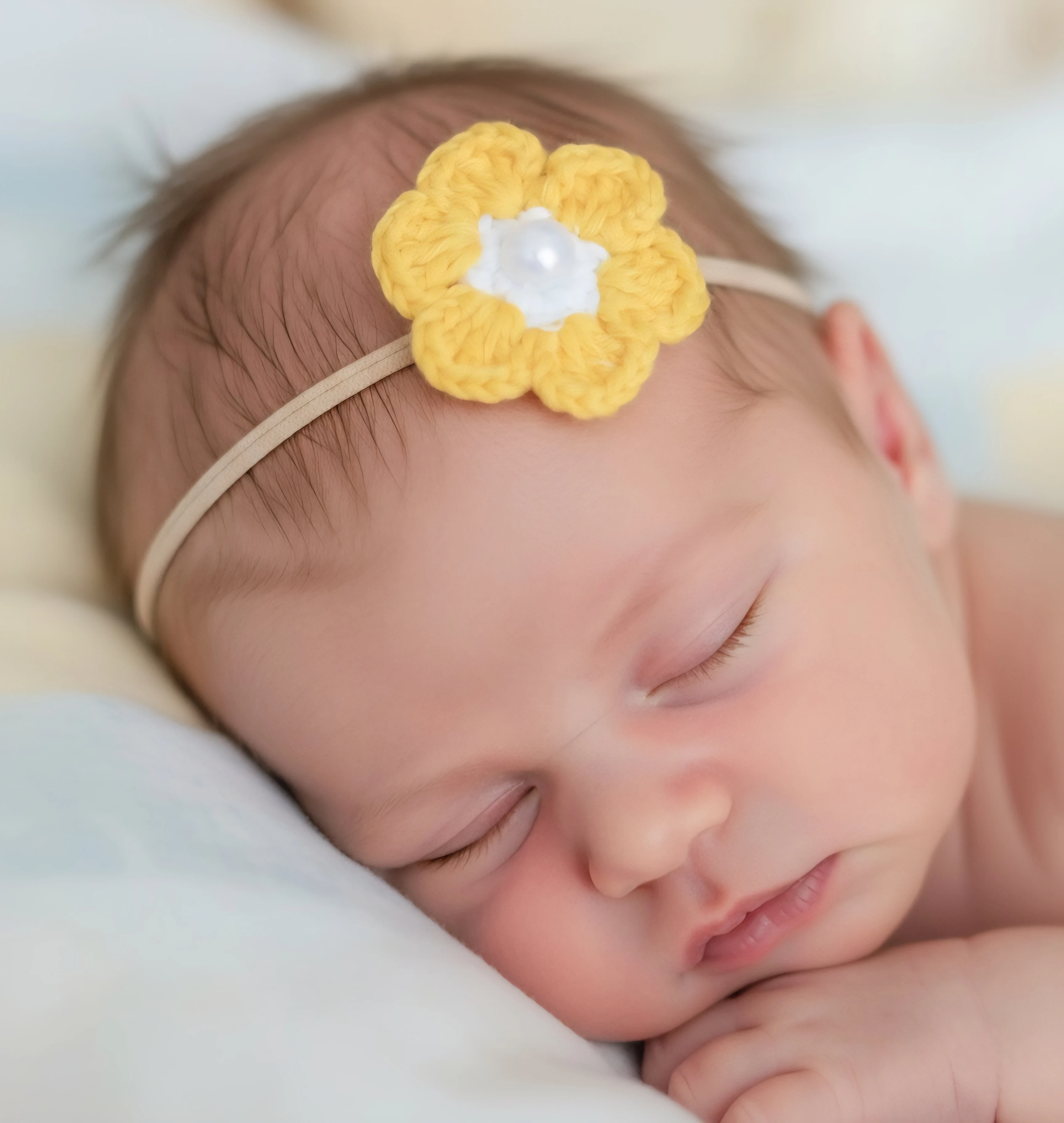 İnci Detaylı El Örgüsü Papatya Bant – Bebekler İçin Uygun