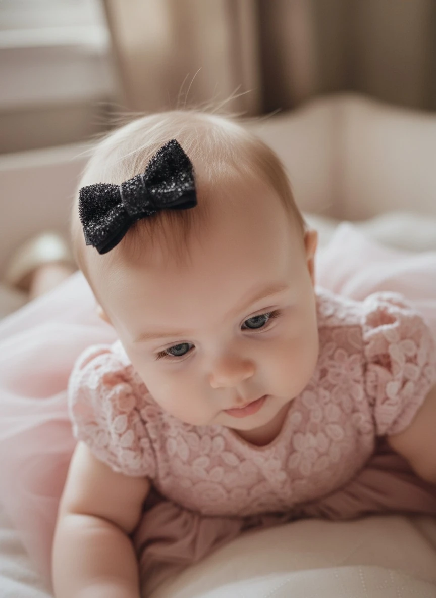 Simli Siyah Fiyonk Kurdele Az Saçlı Bebek Tokası