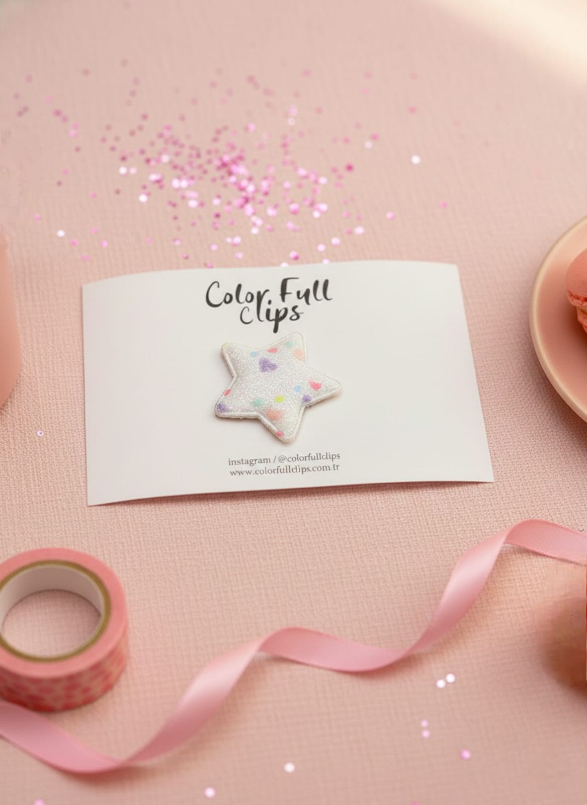 Kalp Desenli Glitter Yıldız Az Saçlı Bebek Tokası -28 mm