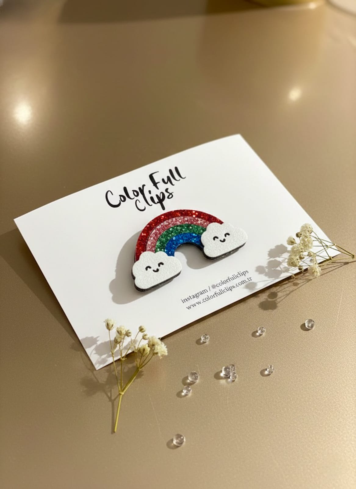 Glitter Bulutlu Gökkuşağı Az Saçlı Bebek Tokası - 33 mm