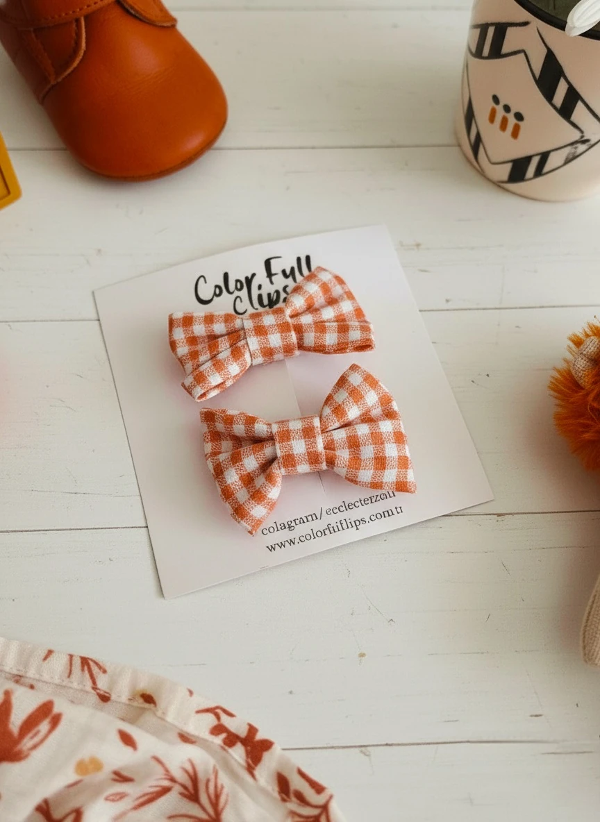 Turuncu Patikare Poplin Fiyonklu Klips Toka (2’li Set)