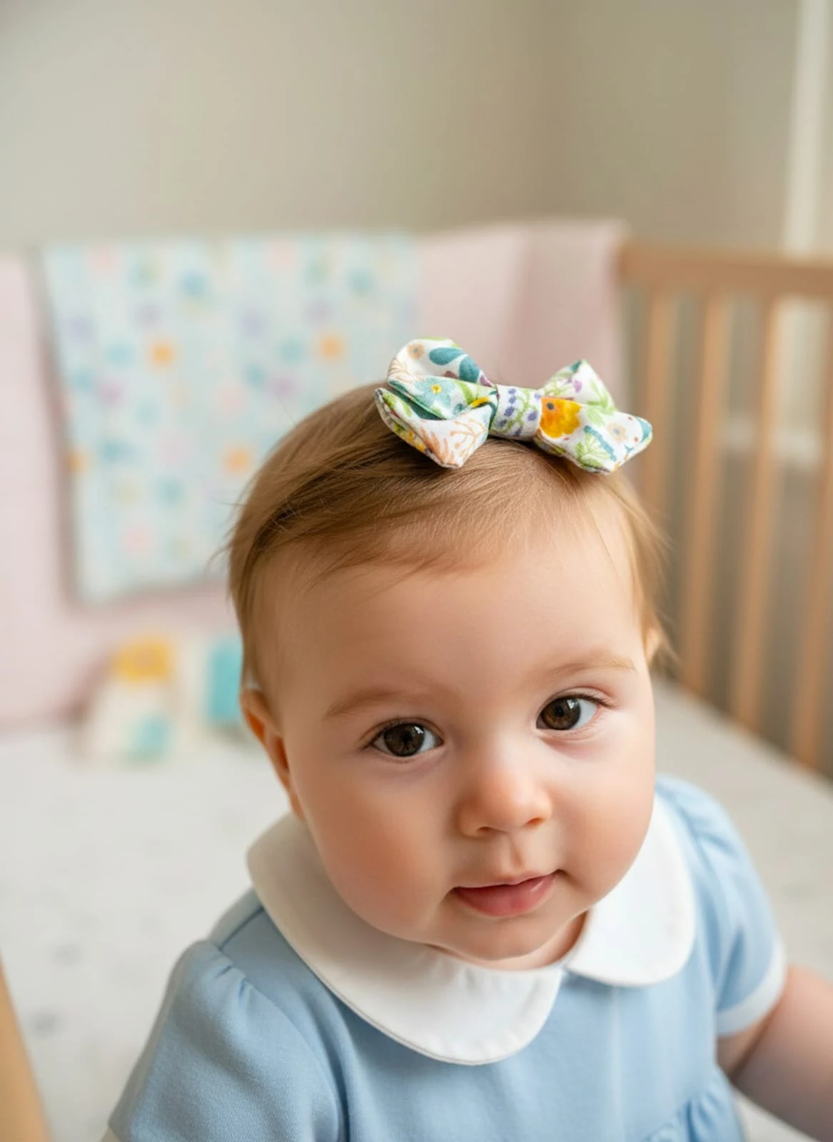 Renkli Çiçek Desenli Fiyonk Az Saçlı Bebek Tokası