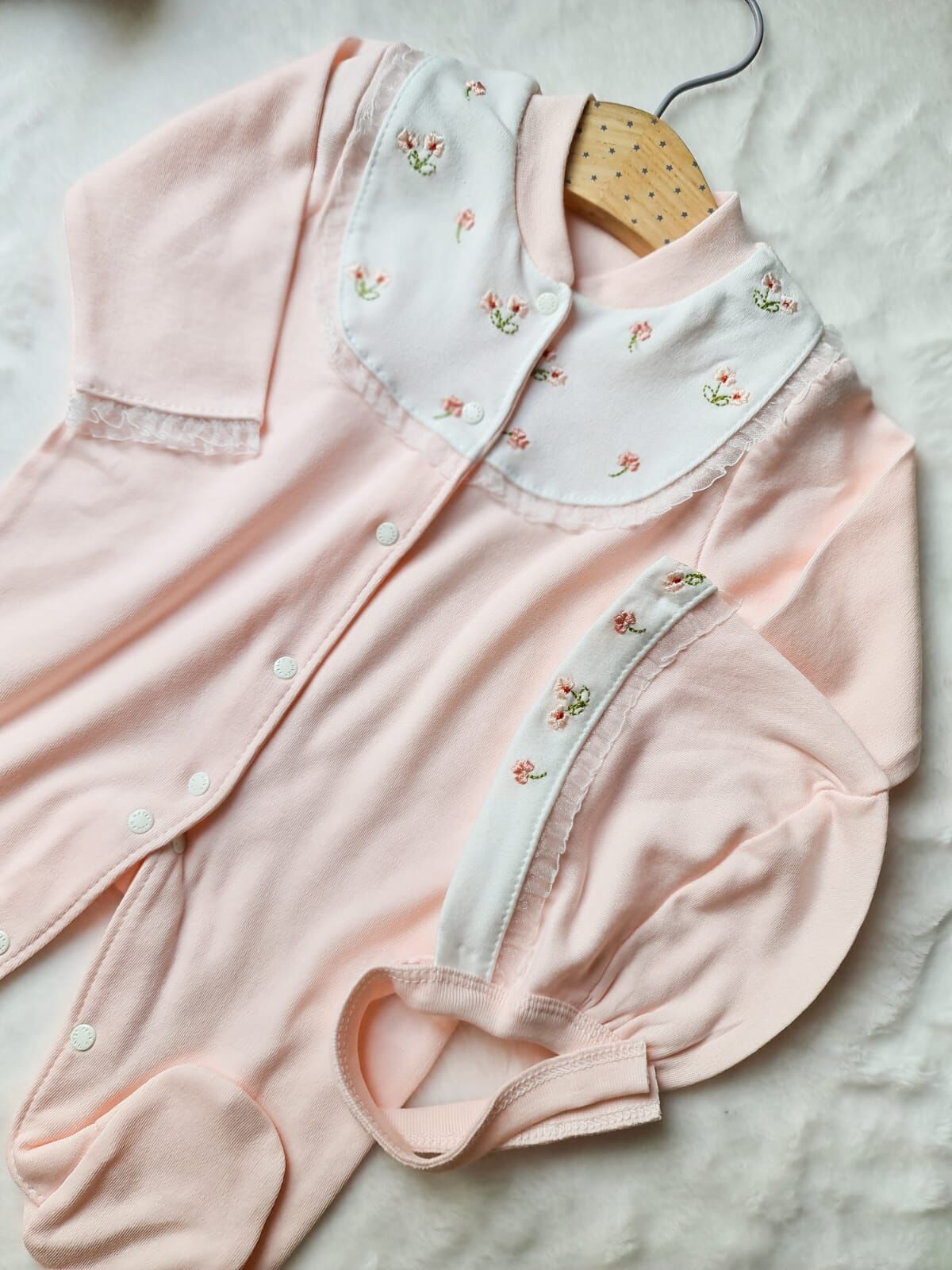 Pamuklu Somon Bebek Tulum Şapka Seti