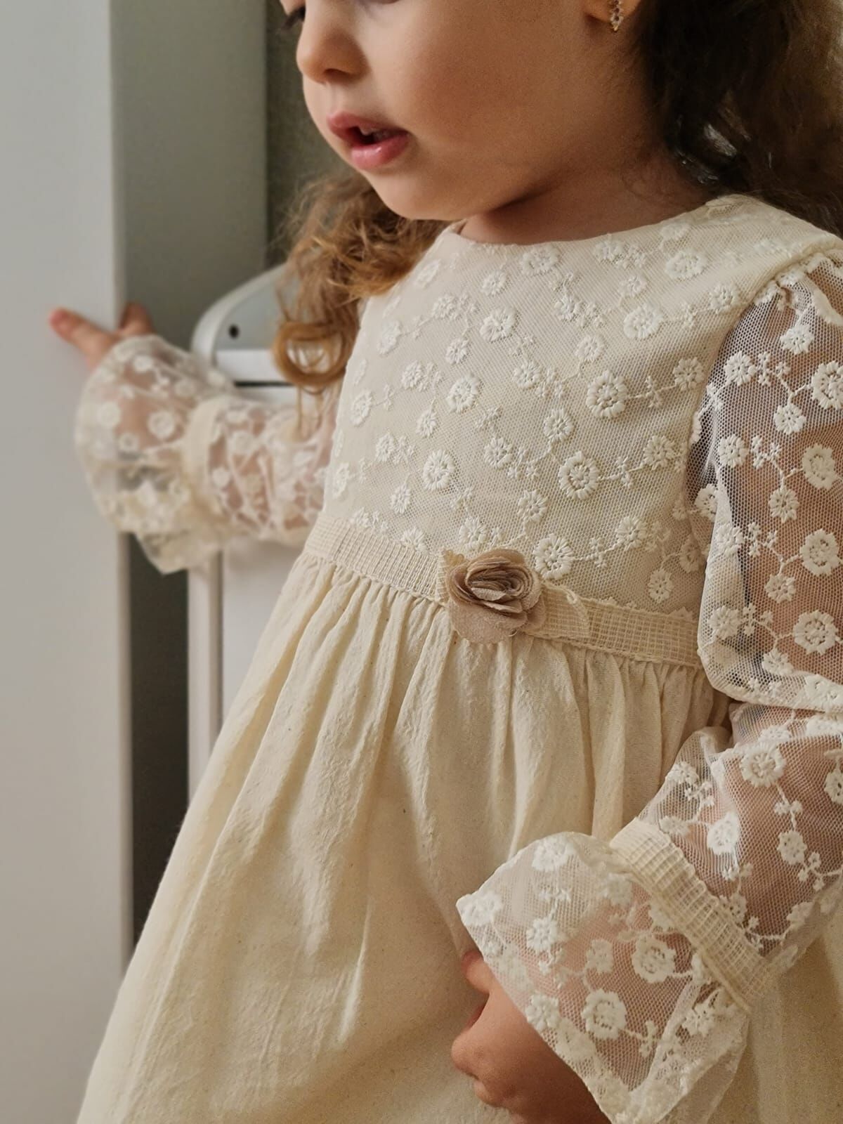 Tül Kol Detaylı Brodeli Krem Elbise