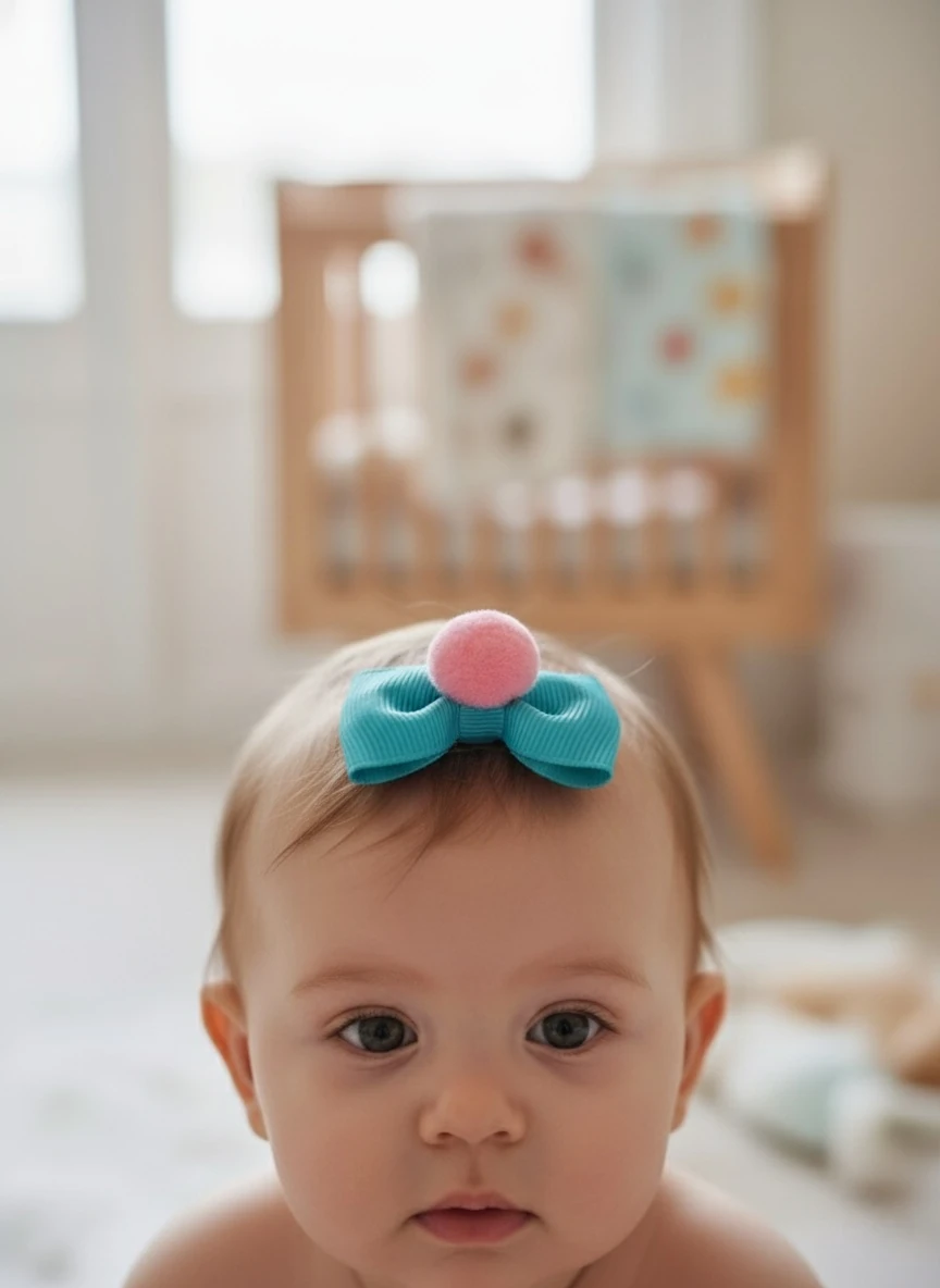 Pembe Ponpon Mavi Fiyonk Az Saçlı Bebek Tokası