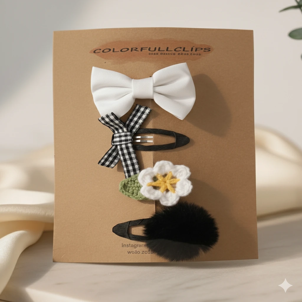 Siyah Ponpon Çıtçıtlı 4'lü Toka Set