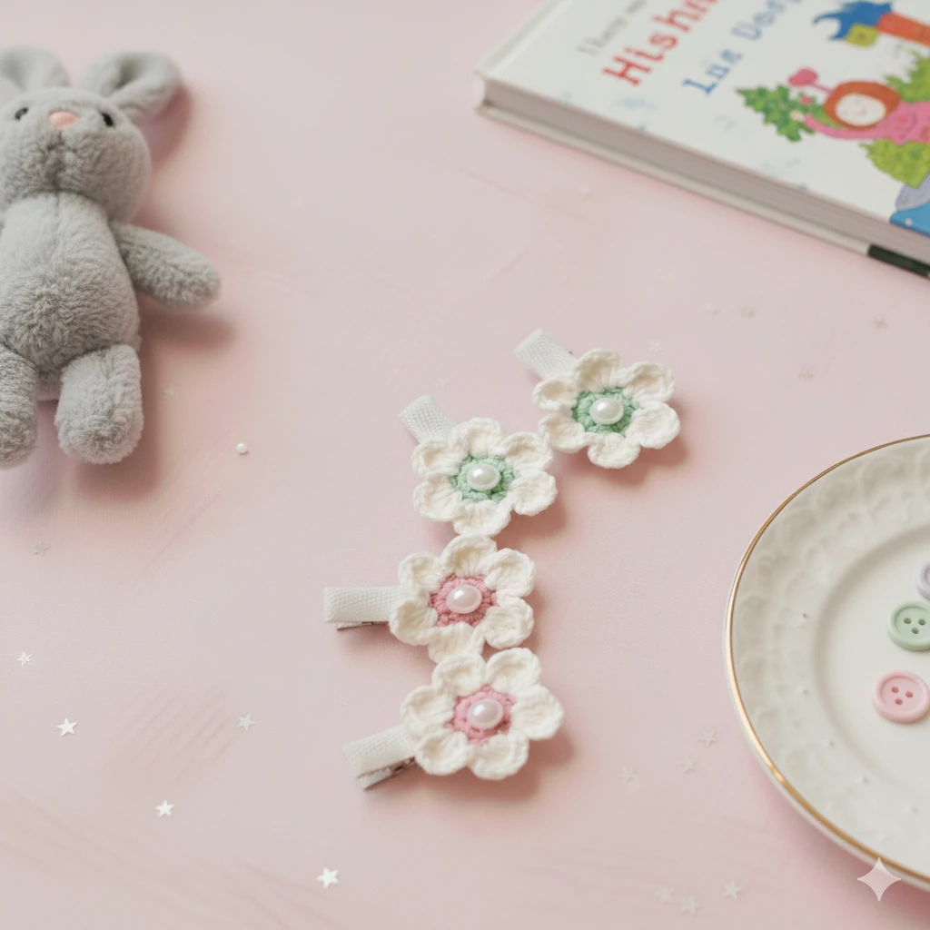 4'lü Papatya Desenli El Örgüsü İnci Detaylı Çocuk Klips Toka Seti - 4 cm