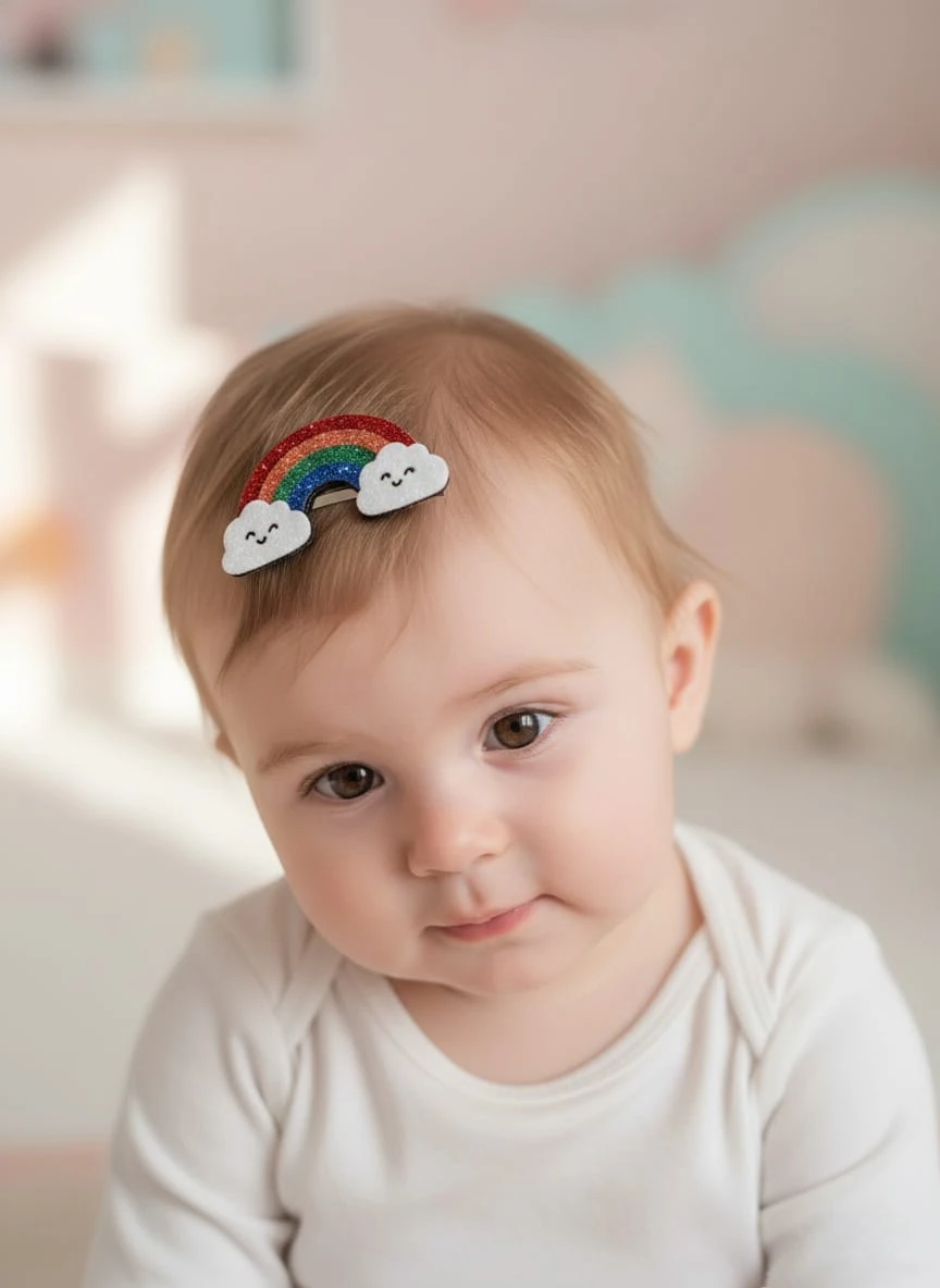 Glitter Bulutlu Gökkuşağı Az Saçlı Bebek Tokası - 33 mm