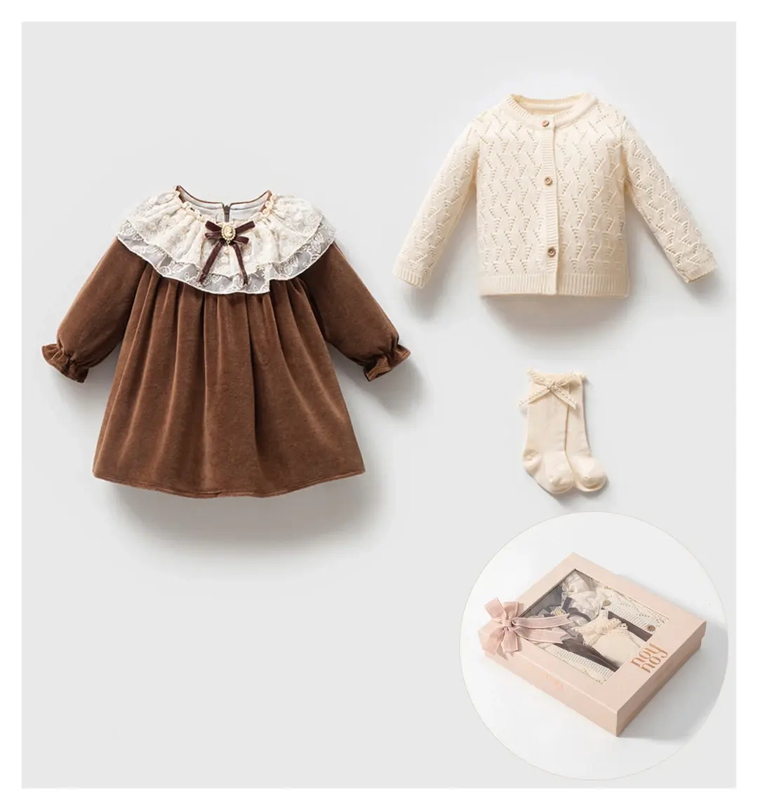 Kız Bebek Kutulu Premium  Elbise ,Çorap,Triko ceket Set 3 Parça 3-6 ay