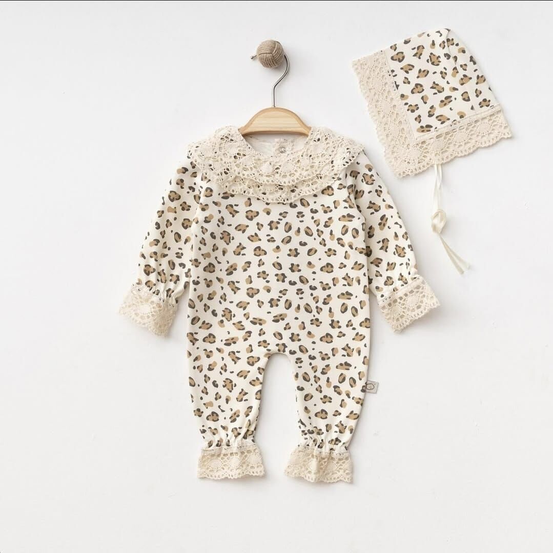 Leopar Desenli Pamuk Dantelli Bebek Tulum