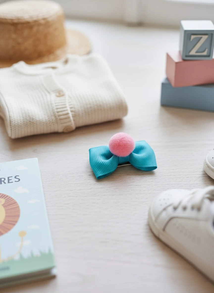 Pembe Ponpon Mavi Fiyonk Az Saçlı Bebek Tokası