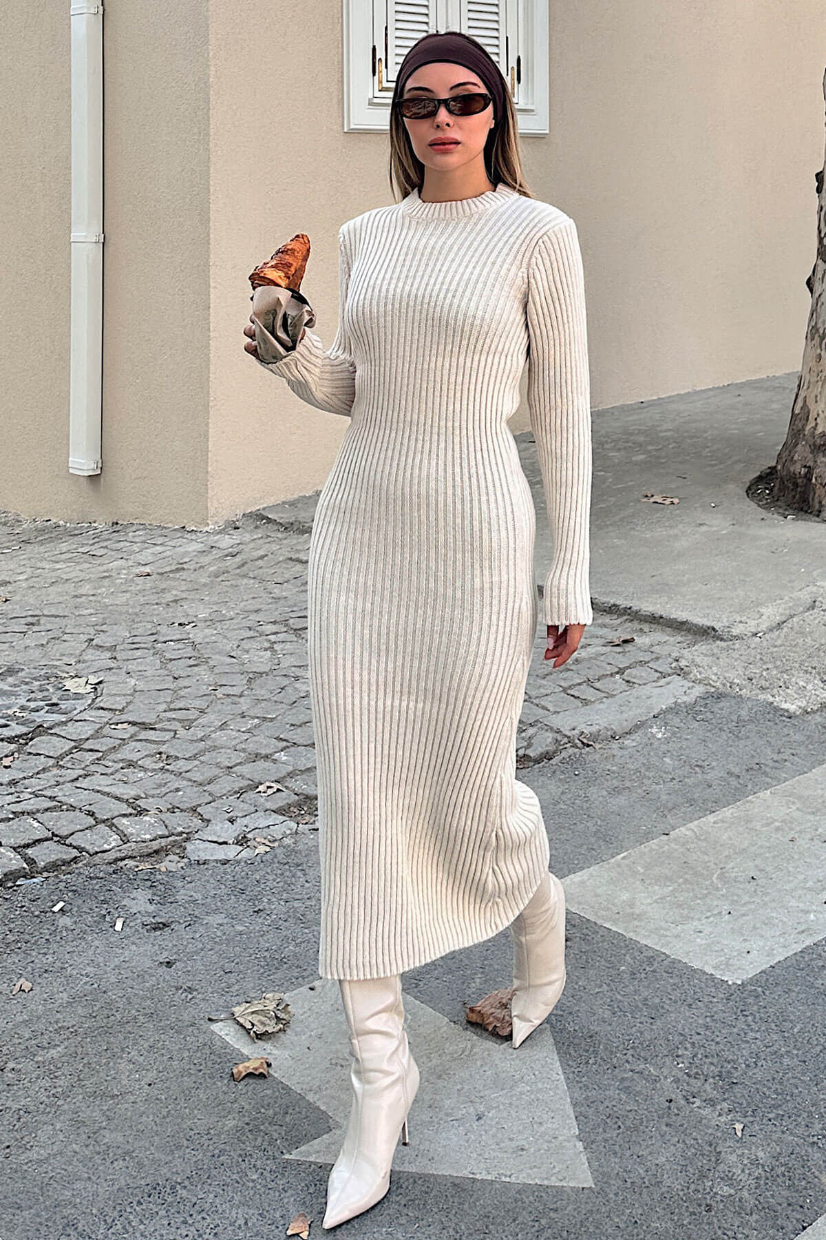 Bej Bria Bisiklet Yaka Kadın Kalın Triko Midi Elbise