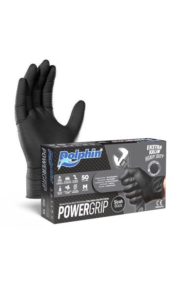 Dolphin PowerGrip Ekstra Kalın Siyah Nitril Eldiven Elmas Dokulu 50 Adet