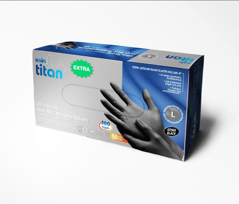 Koin Titan Siyah Nitril Muayene Eldiveni XL 50 Adet Ultra Strong