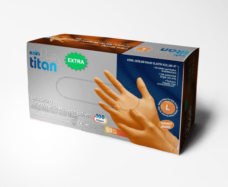 Koin Titan Turuncu Nitril Muayene Eldiveni XL 50 Adet Ultra Strong