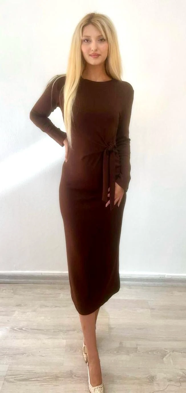 Bağlama Detaylı Midi Boy Elbise - KAHVE