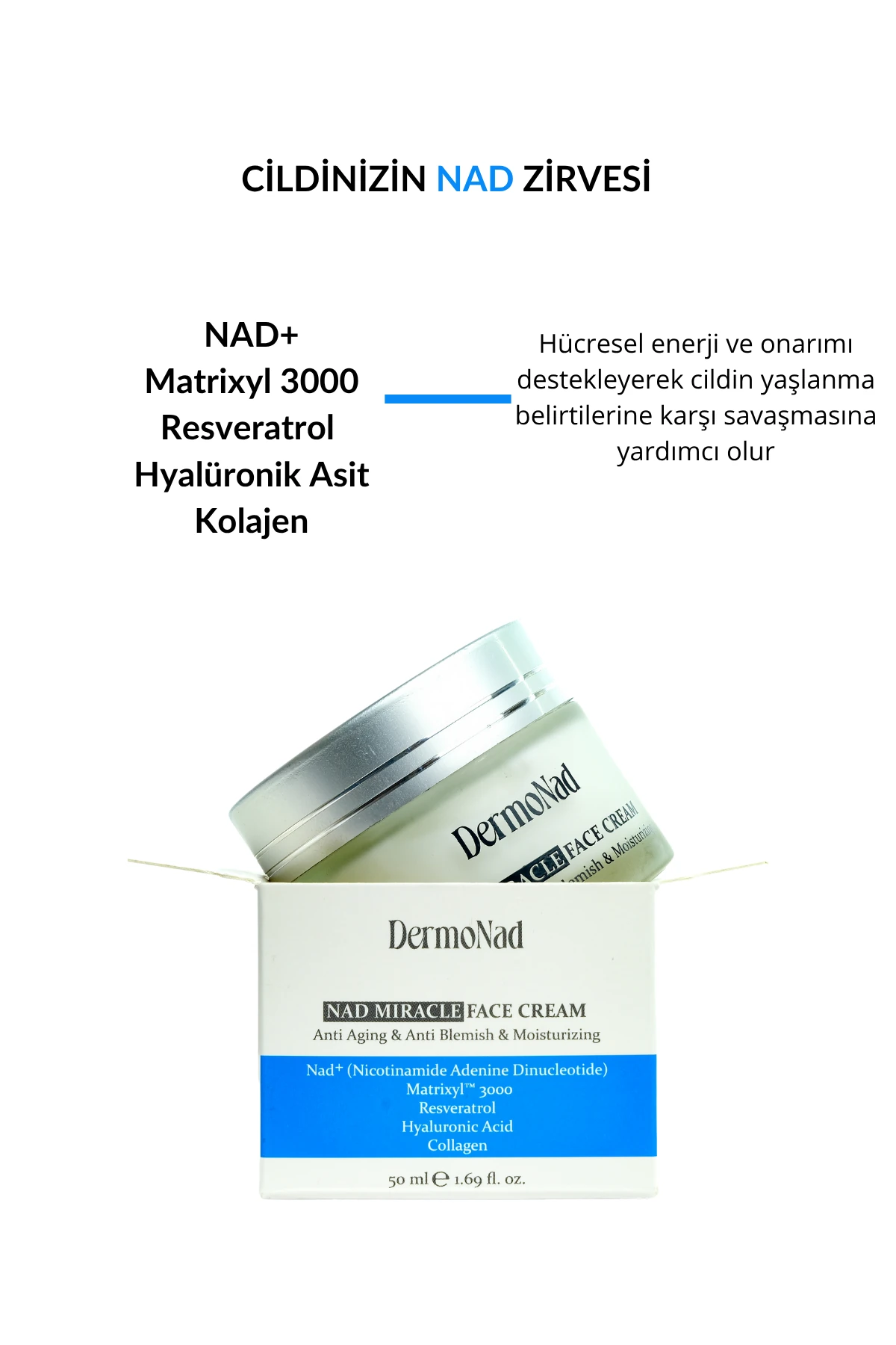 Aydınlatıcı, Sıkılaştırıcı ve Nemlendirici Yüz Bakım Kremi 50 ML (NAD+, Kolajen, Resveratrol, Hyalüronik Asit, Matrixyl 3000)
