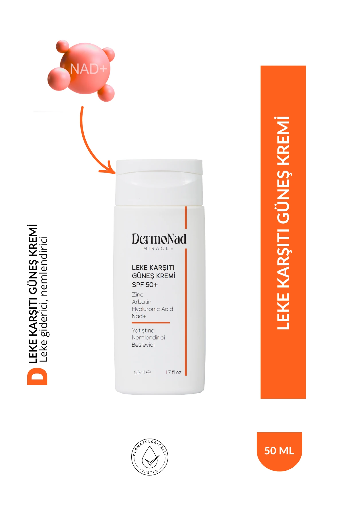 Leke Karşıtı Güneş Kremi 50+ SPF - 50 ML (NAD+, Arbutin, Zinc, Hyalüronik Asit)