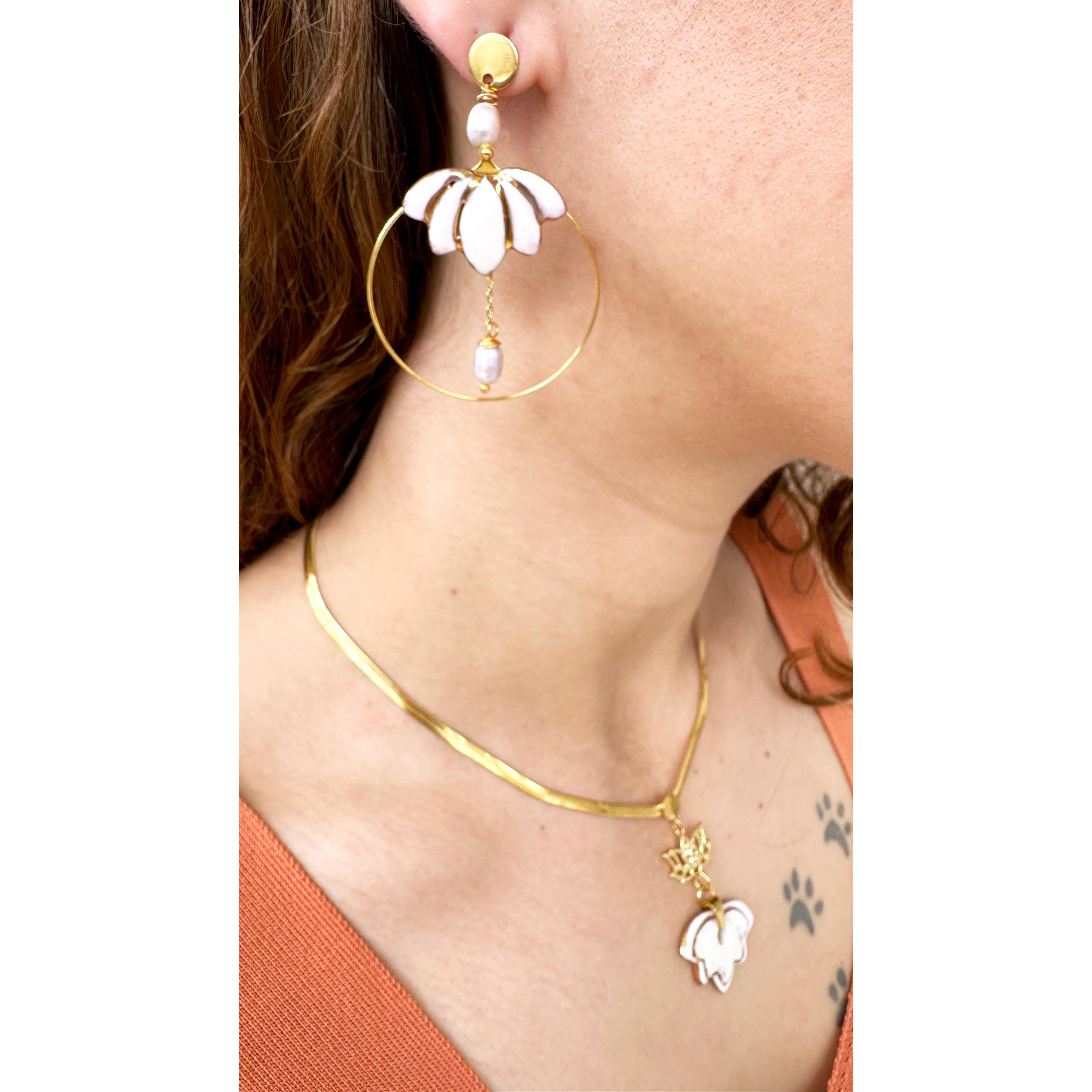 Spr02 White Lotus Dangle Hoop Earrings