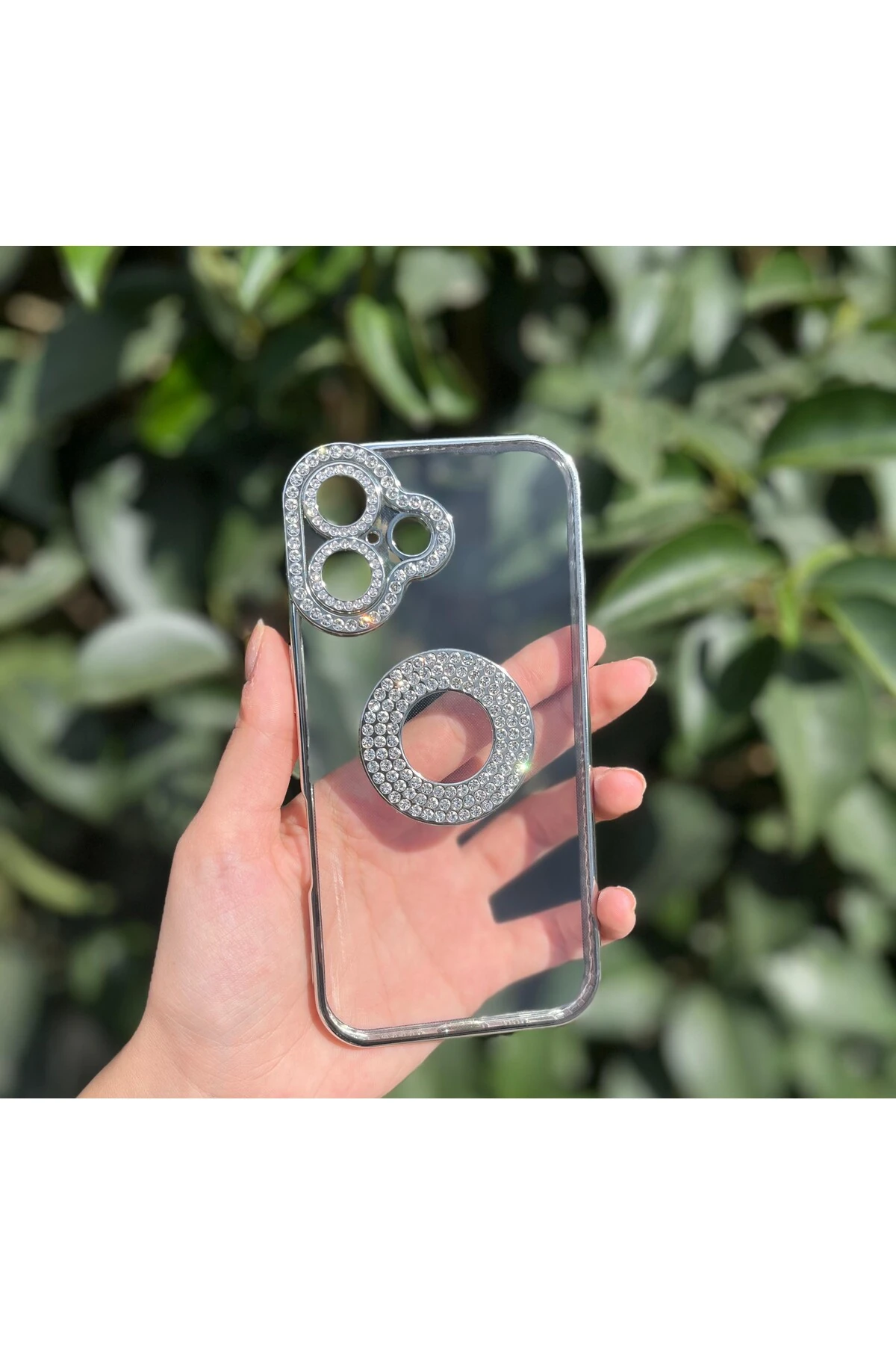 iPhone 16 Uyumlu Renkli Çerçeveli Logo Açık Şeffaf Taşlı Kılıf