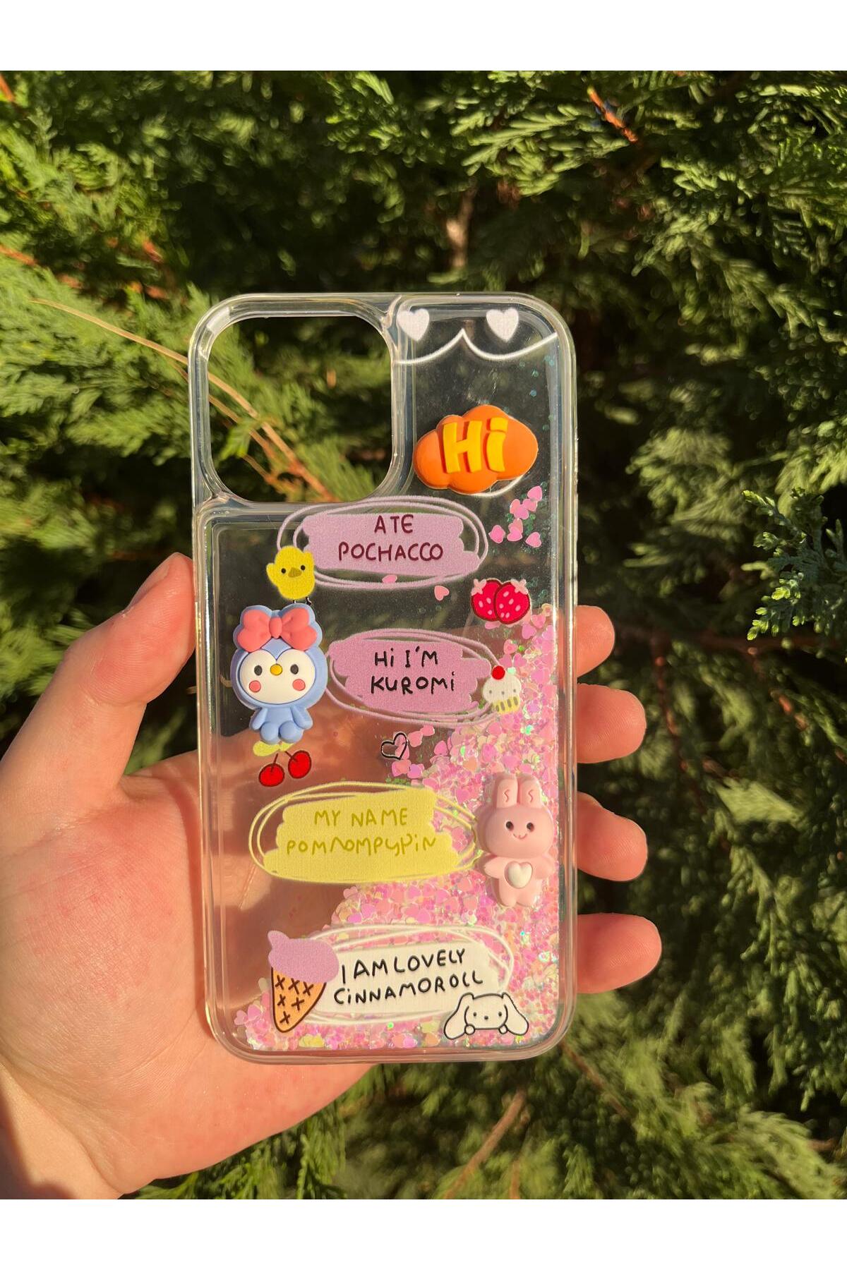 iPhone 13 Pro Max Uyumlu Sevimli Sulu Simli Akışkan Tasarım Kılıf