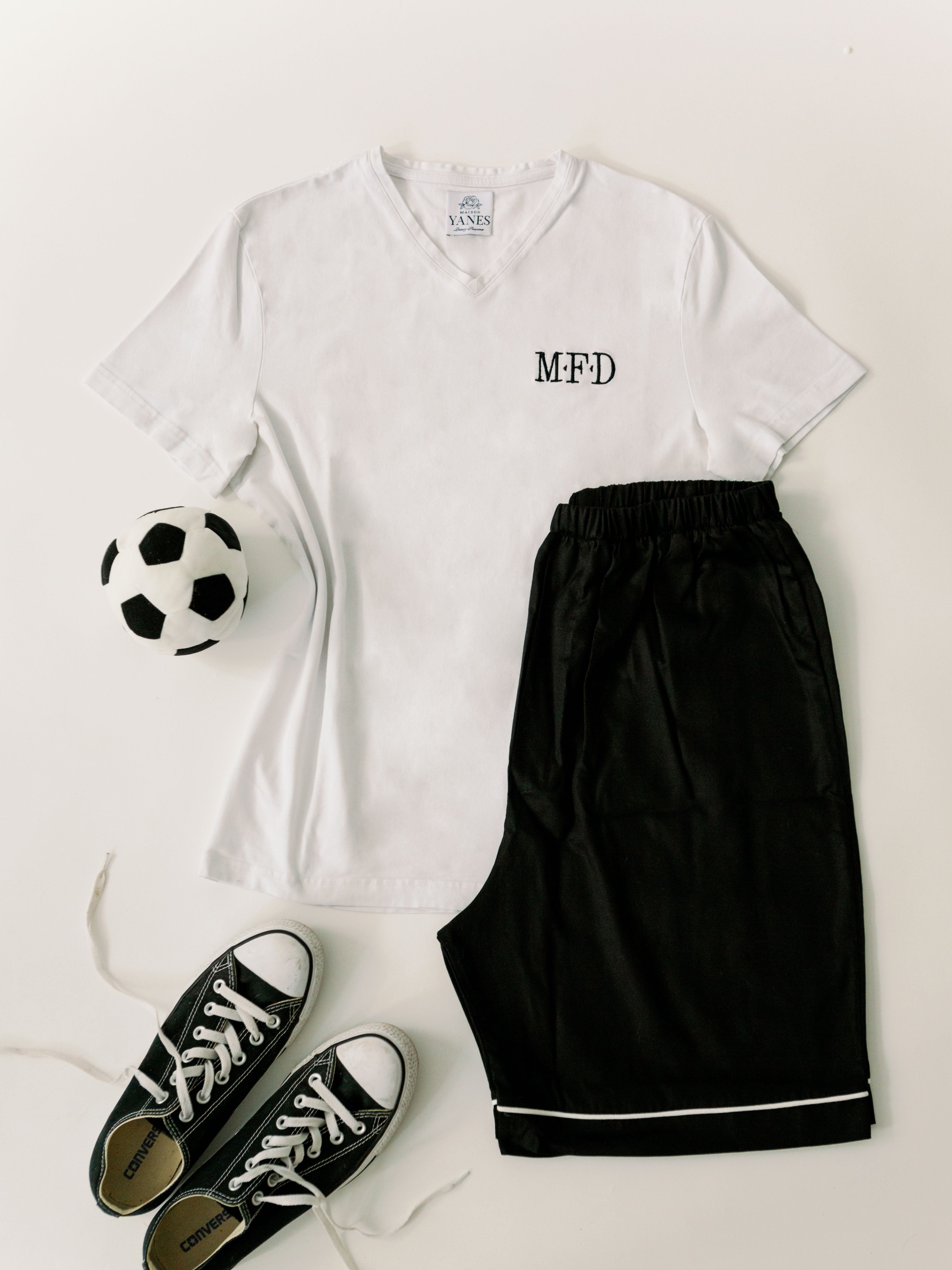 White - Black Tshirt Shorts Pajamas Set