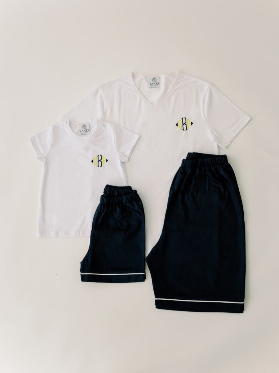 Yellow - Navy Blue Kids Tshirt Shorts Pajamas Set